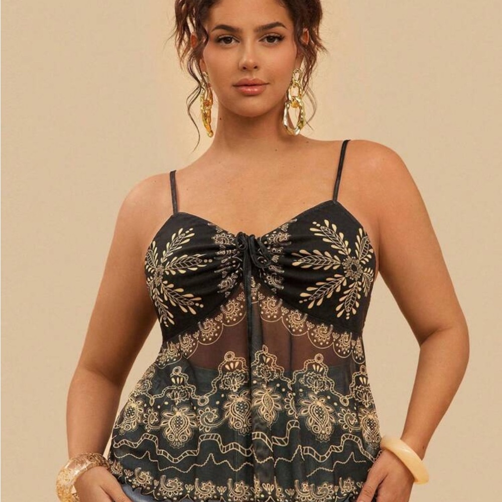 Black And Gold Patterned Spaghetti Strap Top - image 1